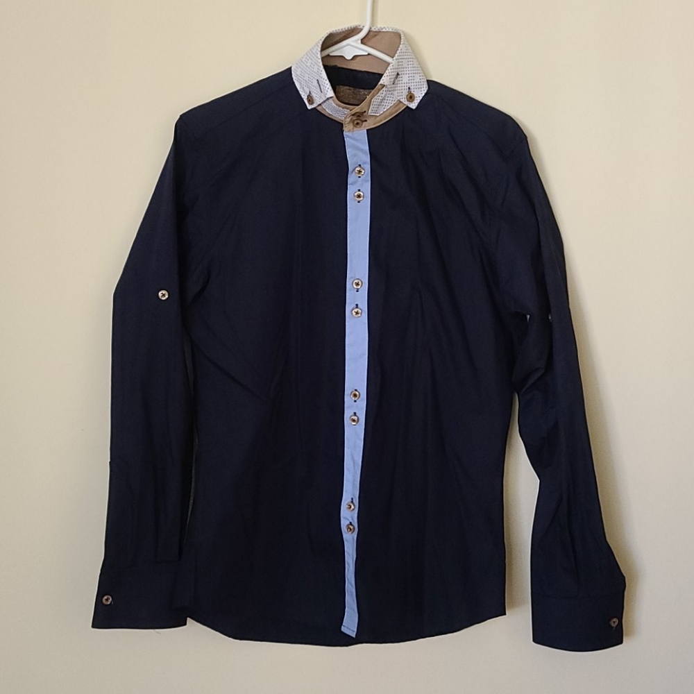 Men Navy Blue Button Down Long sleeves 100% Cotton Dress Shirt  Size S